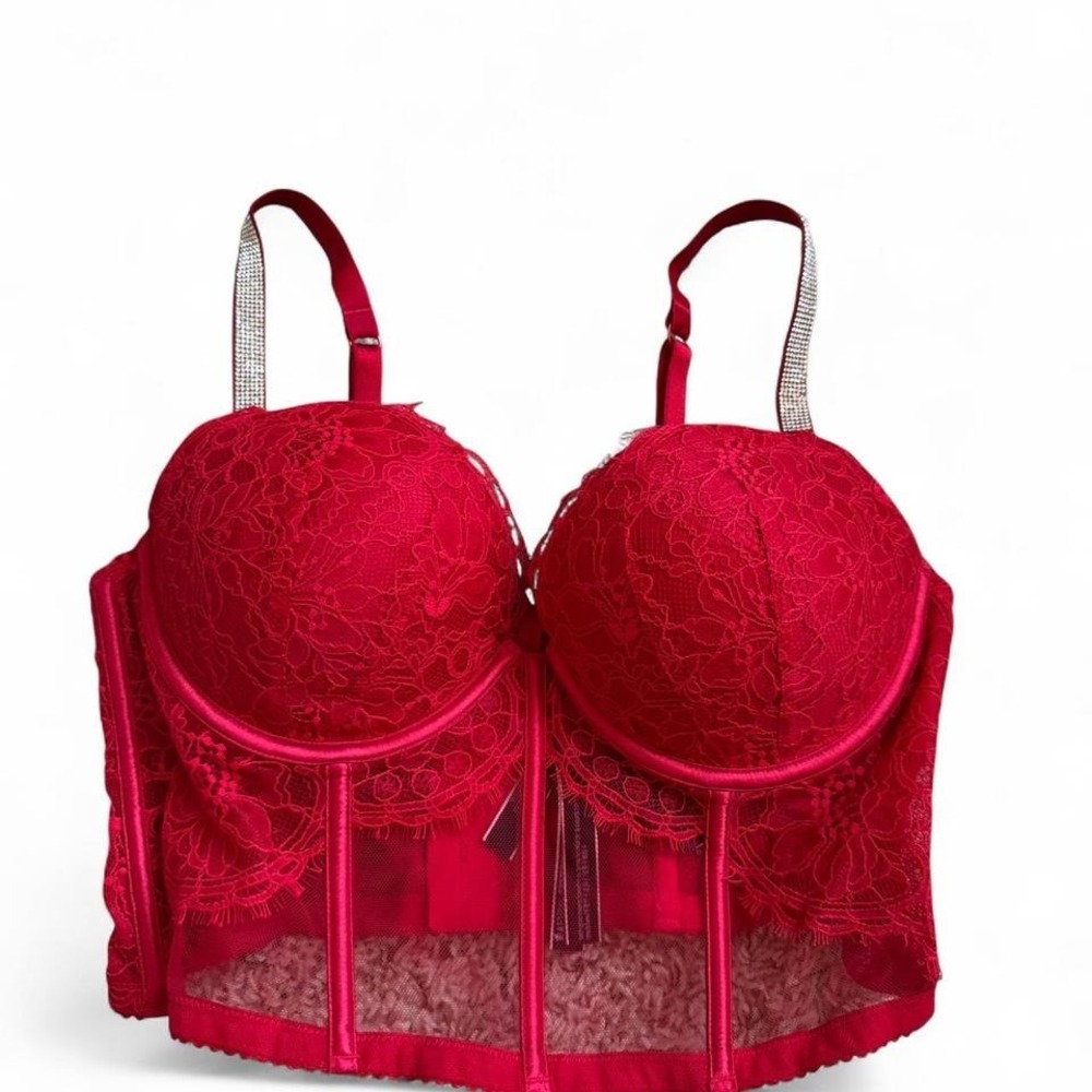 Victorias Secret Red Lace Rhinestone Corset Bra Top